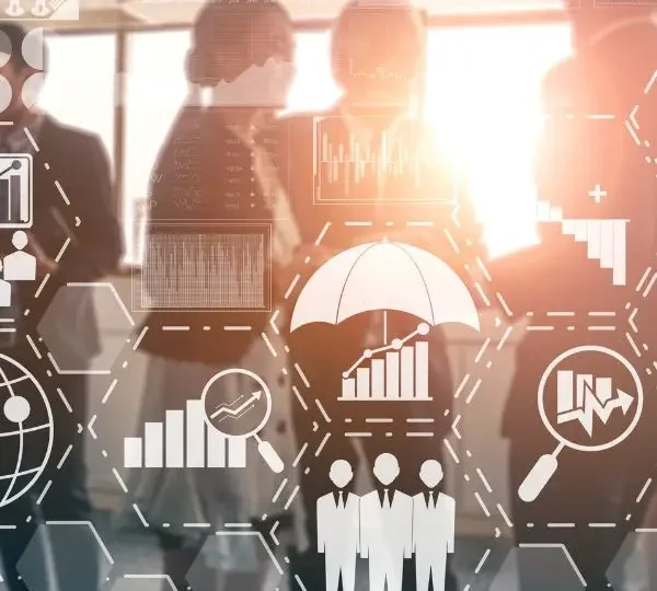 panel de iconos con personas detras en traje